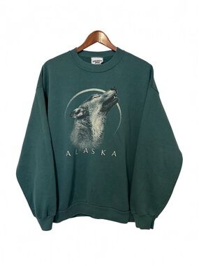 Vintage Lee Wolf Alaska Nature Graphic Crewneck Sweater Green Cotton Blend